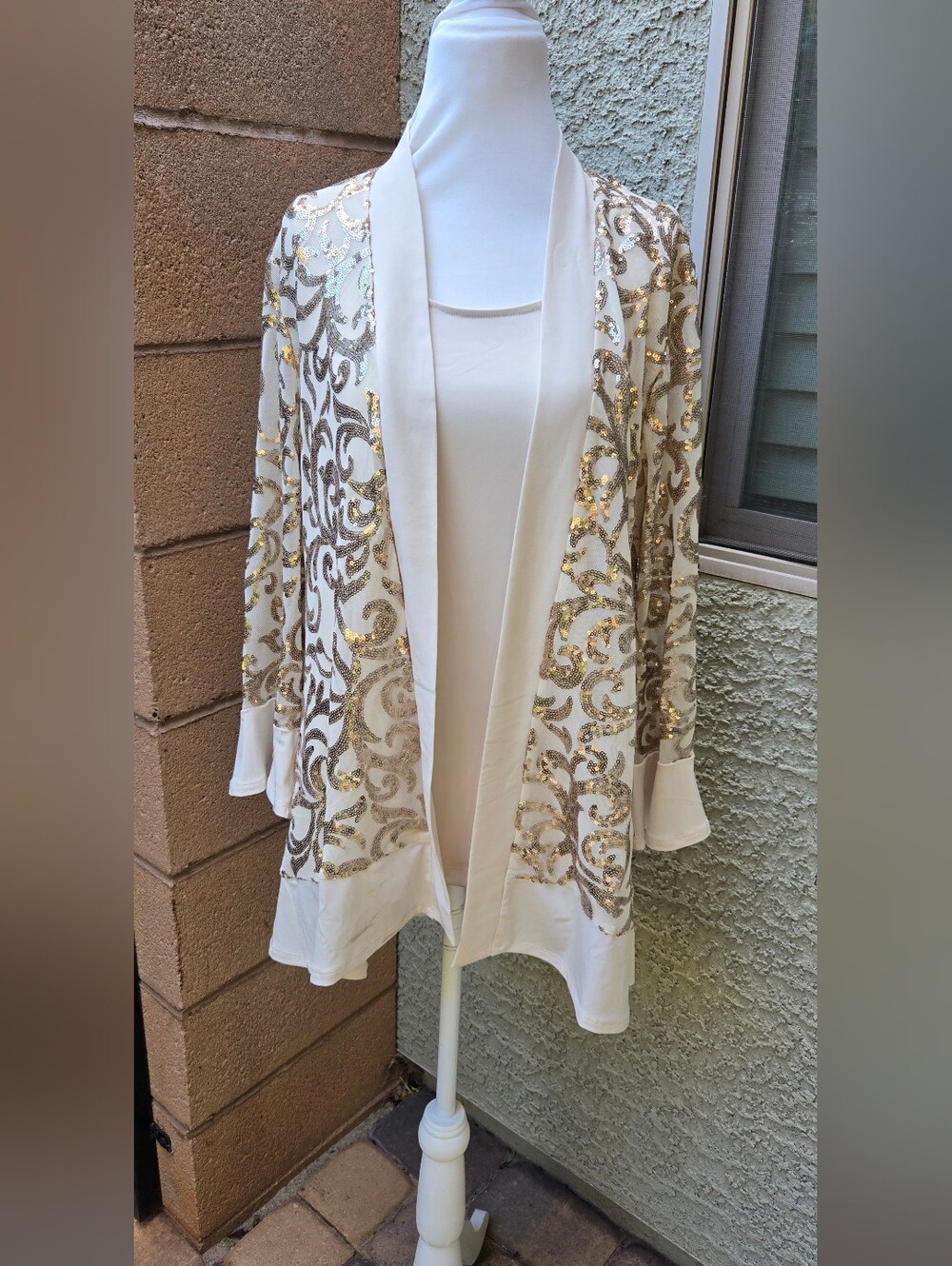 Susan Graver Occasions Sequin Embellished Ivory Open-Front Cardigan Sweater